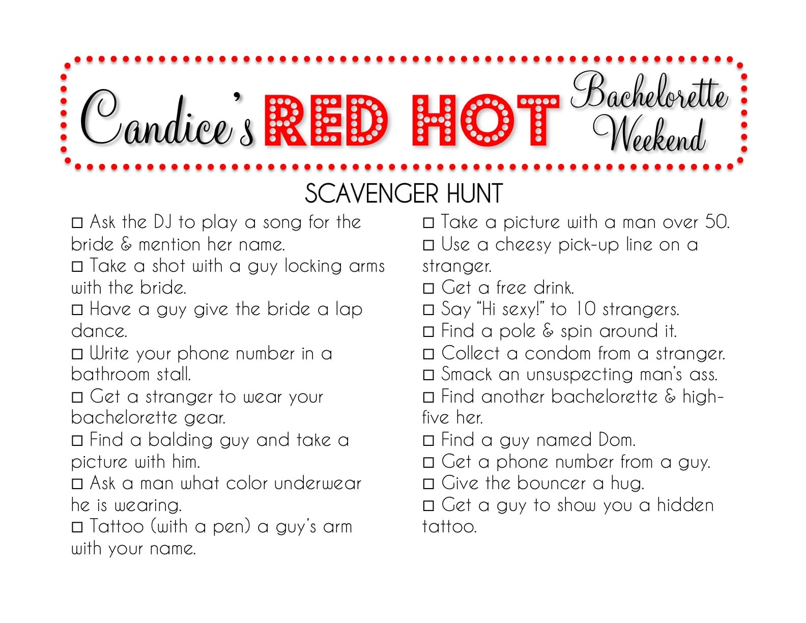 video lists Adult scavenger hunt